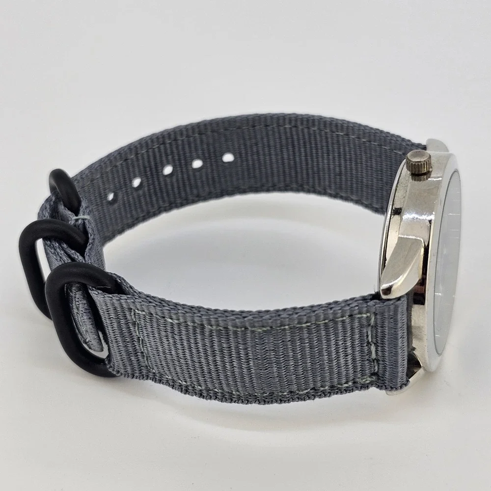 Men's Analog Watch 37MM‎ Black Dial NEW Gray Canvas Bands NEW Battery